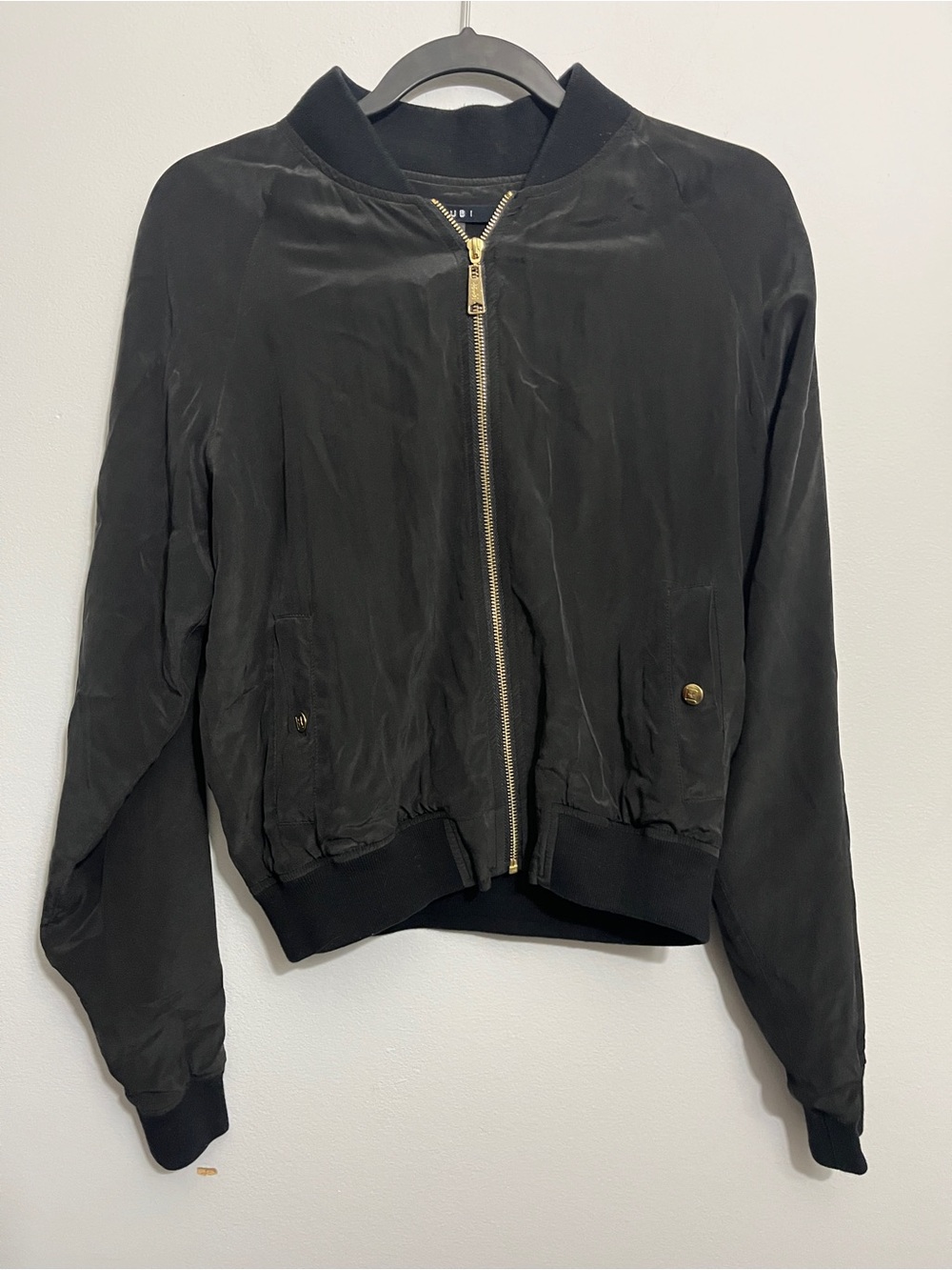 Ksubi Women Black Flame Palm Tree Bomber Jacket with Gold Zipper 100% Silk